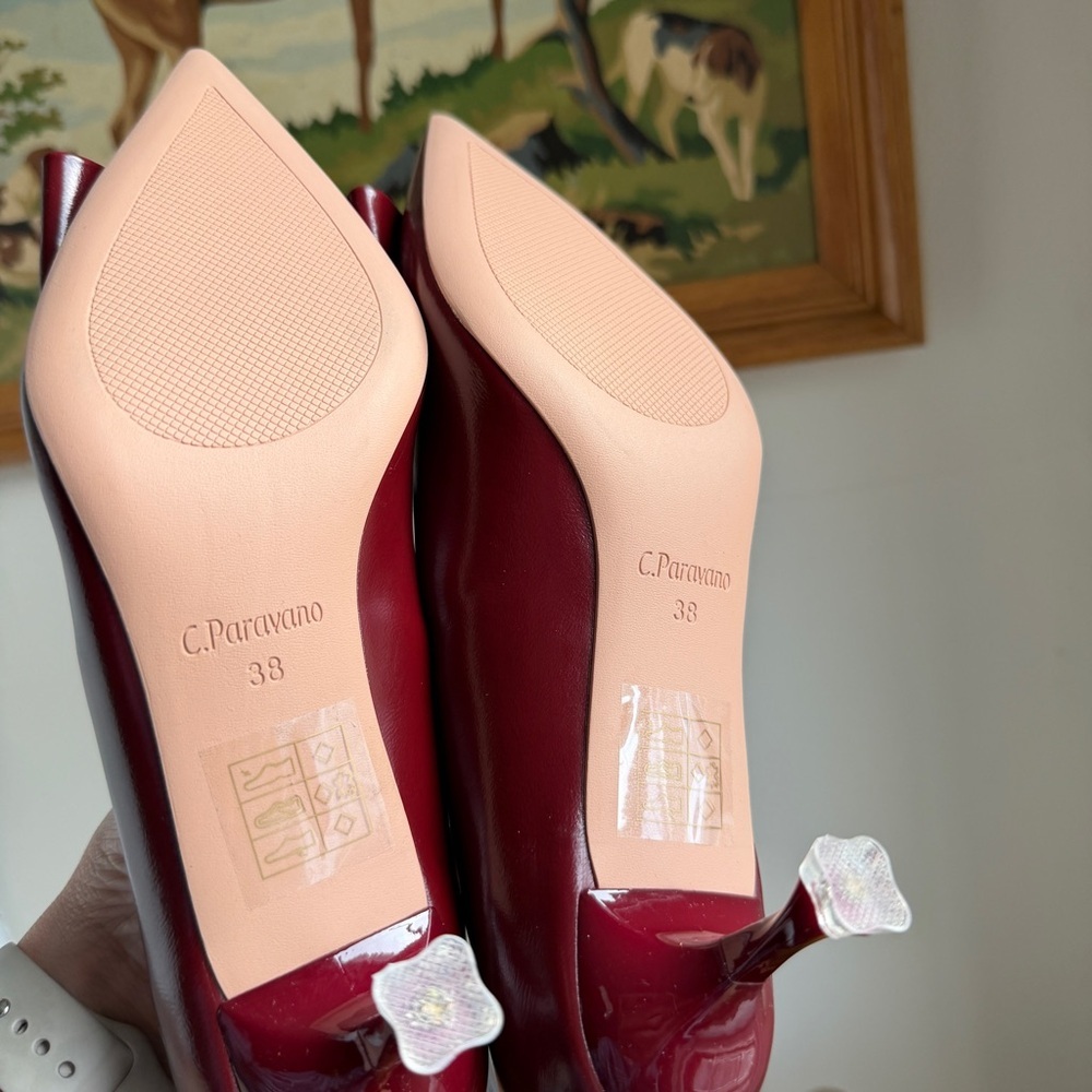 C.Paravano Red Burgundy Gold Buckle Kitten Heels Metal Tie Pumps Olivia NEW 7.5 - Picture 5 of 16